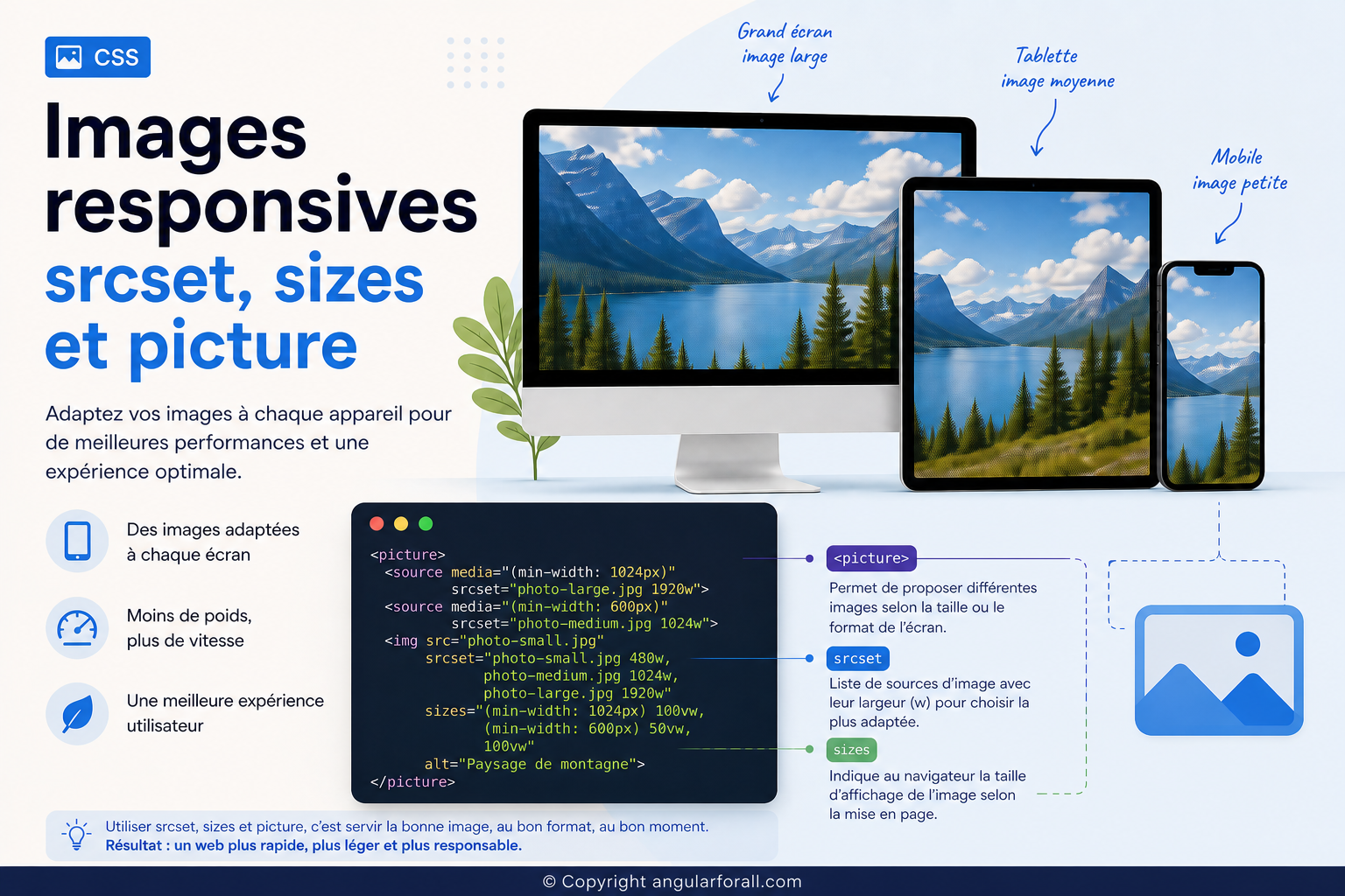 Images responsives : srcset, sizes et picture